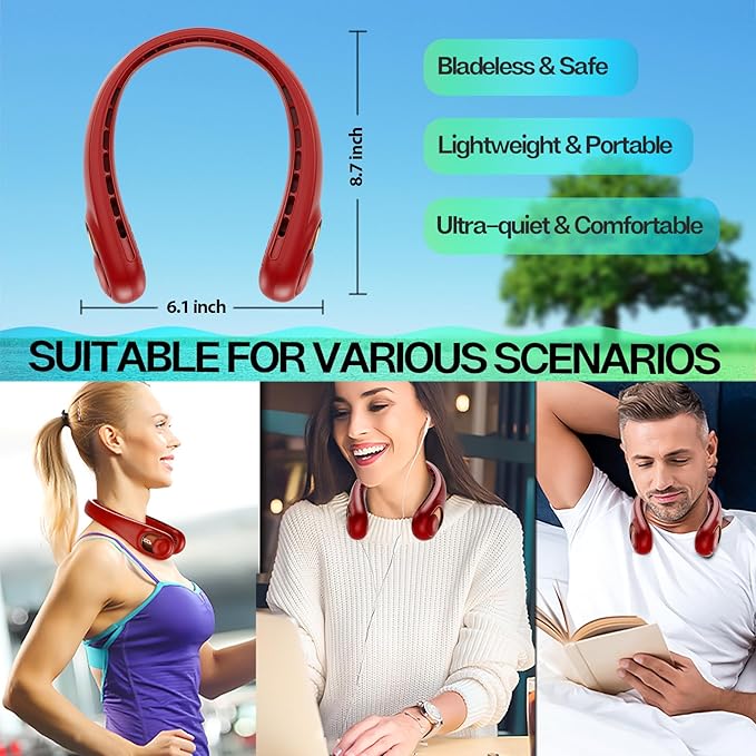 KIDEE Portable Neck Fan, Personal Bladeless Neck Fans 4000mAh, Upgrade 360° Airflow, 3 Speeds, USB Wearable Hands Free Fan Rechargeable, Battery Operated Cooling Fan for Indoor Outdoor Travel
