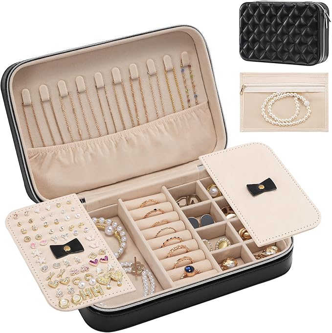 Lolalet Travel Jewelry Case for Women Girls, Travel Jewelry Organizer Box with Mirror & Clear Storage Bag, Small Portable Earring Necklace Bracelet Ring Case, Birthday Christmas Gifts -Medium, Black
