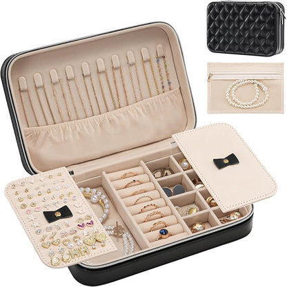 Lolalet Travel Jewelry Case for Women Girls, Travel Jewelry Organizer Box with Mirror & Clear Storage Bag, Small Portable Earring Necklace Bracelet Ring Case, Birthday Christmas Gifts -Medium, Black