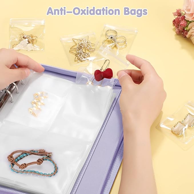 Jewelry Travel Organizer Case, PU Leather Portable Jewelry Storage Book with Transparent Pockets Zipper Bag for Necklaces, Earrings, Bracelets(48 Grids+48 Thicken PVC Bags), Lilac Purple