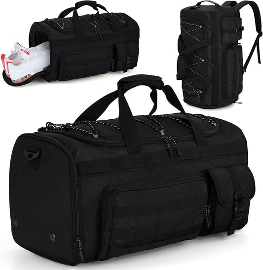 Gonex 45L Duffel Bag for Men, 3 in 1 Convertible Carry Gym Duffle with Shoe Compartment, Tactical Gear Loops, Water-Repellent Lining, Workout & Travel Bag (Black)