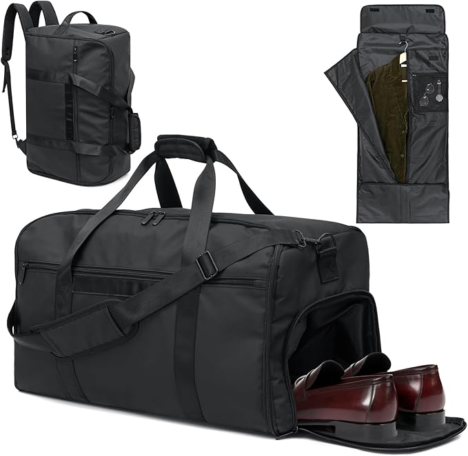 GARPROVM Garment Duffle Bags for Travel, 4 in 1 Convertible Garment Bags with Separated Suit Bag Shoe Compartment, Waterproof Carry On Luggage Bag Backpack for Short Trip, Weekender Bag for Men Women