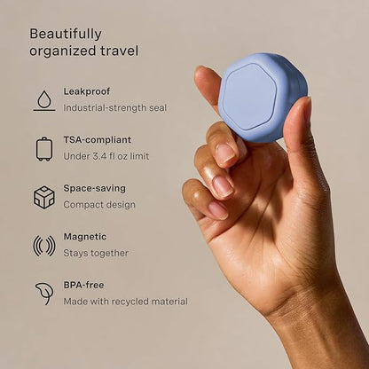 Cadence Travel Containers Basic Skincare Set - Magnetic Containers with Lids,Carry On Travel Essentials For Women/Men - 3 Small Capsules (0.56oz) - Cleanser, Moisturizer & Sun-Icon Labels - Pacific