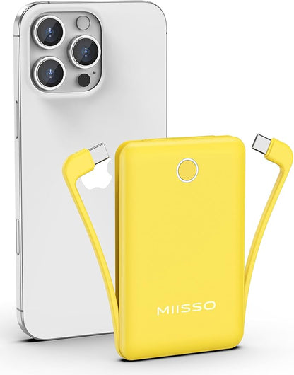 miisso 10000mAh Compatible with iPhone 15/16/17 and Android, Slim Portable Charger with Built in Cable, Power Bank Travel Charger External Battery Pack for Phone, 3 Output USB Type C Cord, Yellow
