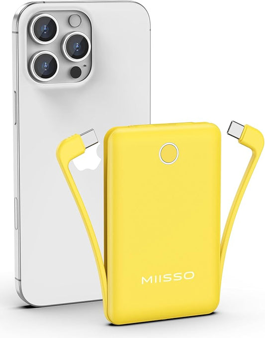 miisso 10000mAh Compatible with iPhone 15/16/17 and Android, Slim Portable Charger with Built in Cable, Power Bank Travel Charger External Battery Pack for Phone, 3 Output USB Type C Cord, Yellow