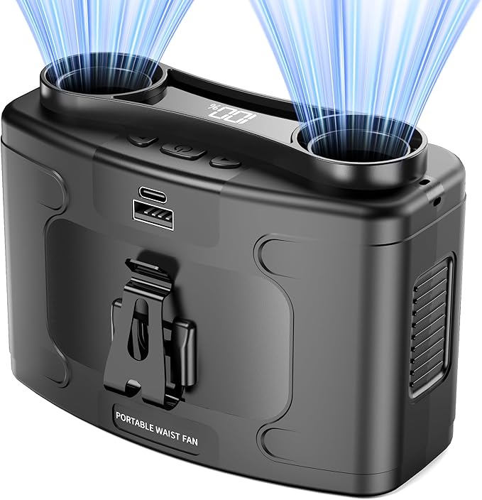 Portable Waist Fan, 20000mAh Battery Operated, Clip On Belt & Rechargeable, 10 Speeds 16000RPM Strong Airflow, Max 40H Working Time, Personal Shirt Fan for Outdoor Jobsite Camping Travel