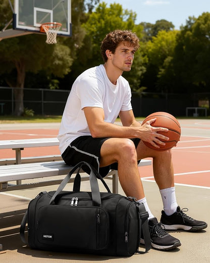 HOTOR Gym Bags for Men & Women - Spacious Duffle Bag with Shoe Compartment & Wet Pocket, Carry On Weekender Bag Portable Sports Duffel Bag for Workout, Fitness, Travel, Black, 22.6" x 11.2" x 13.6"