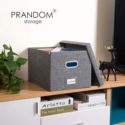 PRANDOM File Organizer Box - Set of 1 Collapsible Decorative Linen Filing Storage Hanging File Folders with Lids Office Cabinet Letter/Legal Size Grey (17x14x11.2 inch)