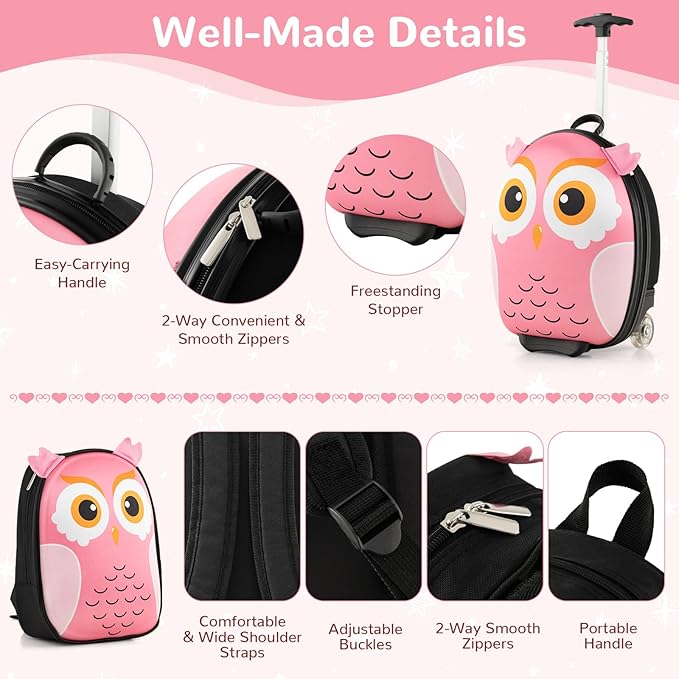 HONEY JOY Kids Luggage, 12” Children Hardshell Backpack & 16” Toddler Travel Rolling Suitcase, 2 Pcs Lightweight Carry On Luggage Set, Kids Luggage with Wheels for Girls & Boys(Pink Owl)