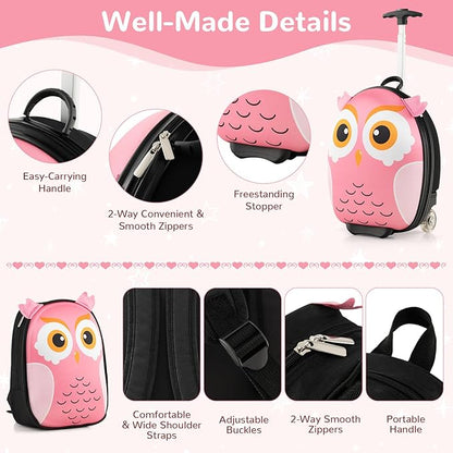 HONEY JOY Kids Luggage, 12” Children Hardshell Backpack & 16” Toddler Travel Rolling Suitcase, 2 Pcs Lightweight Carry On Luggage Set, Kids Luggage with Wheels for Girls & Boys(Pink Owl)