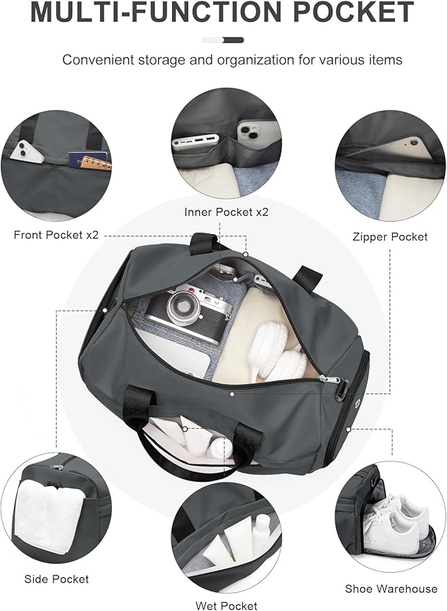 Gym Bag for Women Men with Shoe Compartment, Sport Duffel Bag, Waterproof Travel Weekender Overnight Carry on Bag for Yoga with Trolley Sleeve, Grey