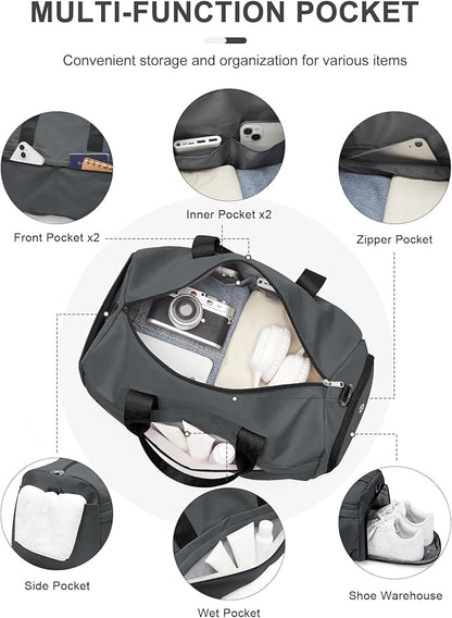 Gym Duffle Bag with Shoe Compartment for Women Men Sports Workout Carry on Weekend Overnight Bag, Grey