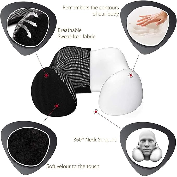 Airplane Travel Neck Pillow, 100% Memory Foam Ergonomic Neck Support, Airplanes Neck Pillow with Washable Cover Travel Essential for Flight & Office Include Eye Mask, Earplugs & Carry Bag (Black)