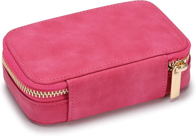 HISCOW Vegan Leather Travel Jewelry Case with Zipper - Portable Necklace & Earring Holder Organizer for Women Girls, Velvet-Lined Ring Box with Anti-Tarnish Design, Rose Red