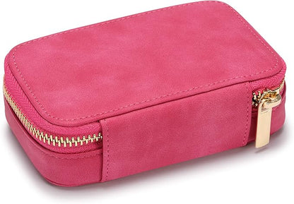 HISCOW Vegan Leather Travel Jewelry Case with Zipper - Portable Necklace & Earring Holder Organizer for Women Girls, Velvet-Lined Ring Box with Anti-Tarnish Design, Rose Red