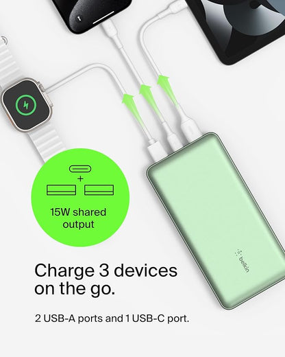 Belkin Portable Charger, USB-C Power Bank 20000 mAh w/ 2X USB-A Ports, 15W w/Type-A to Type-C Cable for iPhone 17, Air, Pro, Samsung Galaxy S25, iPad, Nintendo Switch 2, Google Pixel 10, etc. - Green