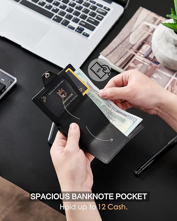 Mens Wallet Card Holder for AirTag, Leather Smart Wallet for Men, Airtag Wallet Pop Up Wallet, RFID Blocking, Slim, Carbon Fiber, Minimalist - 10-14 Card Capacity | ID Window | Cash Slot (Black)