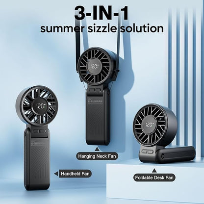 Portable Handheld Fan, 4000mAh Rechargeable, 6 Speed Settings, LCD Display, 3-in-1 Foldable Mini Desk Fan with Lanyard (BLACK)