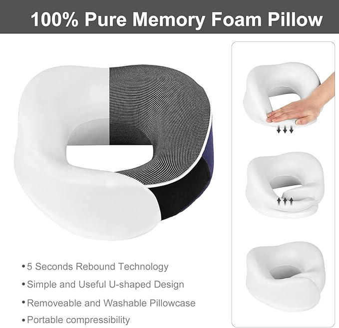 TALLGO Travel Neck Pillow, Best Memory Foam Airplane Pillow for Head Support Soft Adjustable Pillow for Plane, Car & Home Recliner Use (Blue)