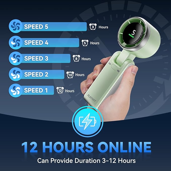Portable Handheld Turbo Fan, 5 Gear Wind, Battery Operated, Up to 12 Working Hours, 3 IN 1 Hand Fan with Air Turbo Tech Cooling Fans for Outdoor Activities, Travel, Beach (Green)