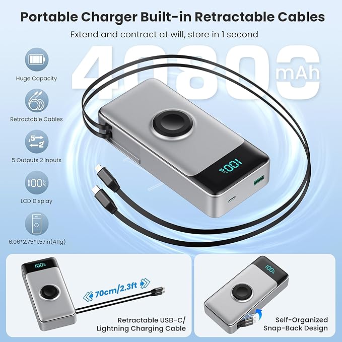 5-in-1 Portable Charger for iPhone,40800mAh Power Bank Built-in Retractable Cable and iWatch Charger,25W PD QC4.0 Fast Charging Battery Pack,Travel Essential Phone Charger for iPhone 17/16/15,Android