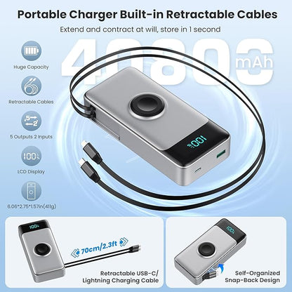 5-in-1 Portable Charger for iPhone,40800mAh Power Bank Built-in Retractable Cable and iWatch Charger,25W PD QC4.0 Fast Charging Battery Pack,Travel Essential Phone Charger for iPhone 17/16/15,Android