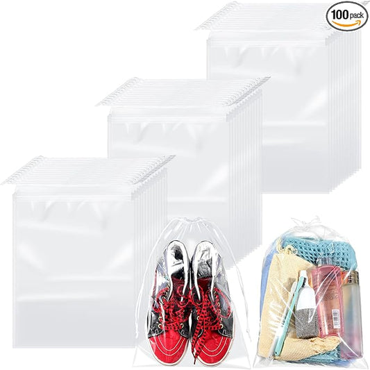 100 Packs Shoes Bags for Travel 10 x 14 Inch Large Transparent Shoe Bags Clear Drawstring Bags Plastic Waterproof Shoe Packing Bags Storage Organizer Pouch with Rope for Men Women Travel Accessories