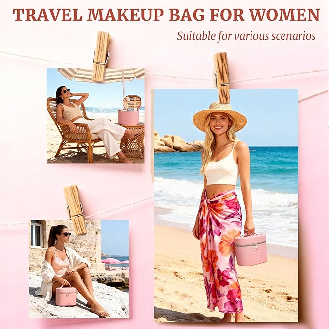 Makeup Case for Women,Travel Make Up Bag Organizer With Compartments and Handle,Portable Cosmetic Bags for Girl,Toiletry Bag for Women - Pink