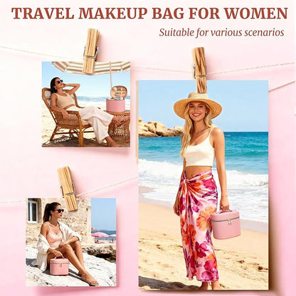 Makeup Case for Women,Travel Make Up Bag Organizer With Compartments and Handle,Portable Cosmetic Bags for Girl,Toiletry Bag for Women - Pink