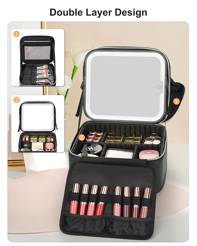 Relavel Makeup Bag with LED Mirror, Small Travel Makeup Case with Rechargeable Lighted Mirror 3 Color Lights, Double Layer Cosmetic Box Makeup Brush Lipstick Holder Organizer for Women, Black