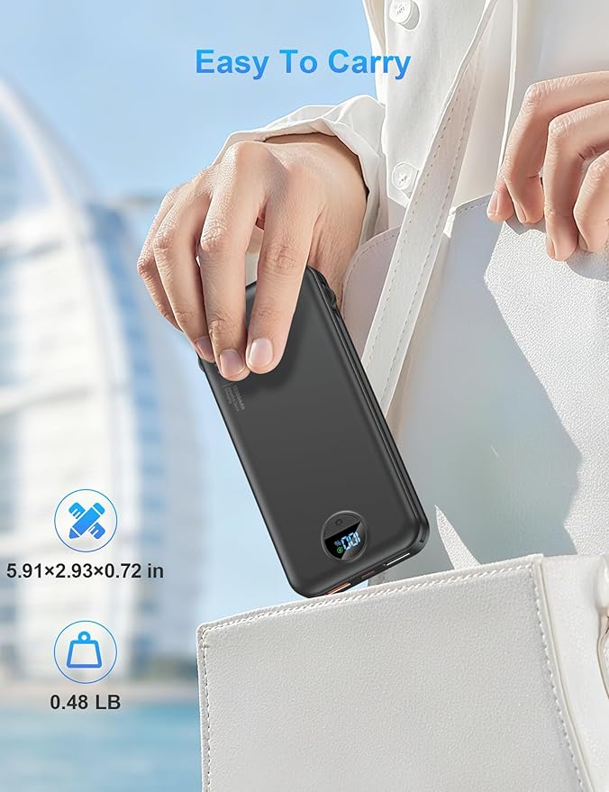 Portable Charger with Wall Plug, 12000mAh USB C Power Bank Fast Charging, External Battery Pack with Built in Cables, Digital Display, 5 Output 4 Input for iPhone Android Cell Phone Tablet