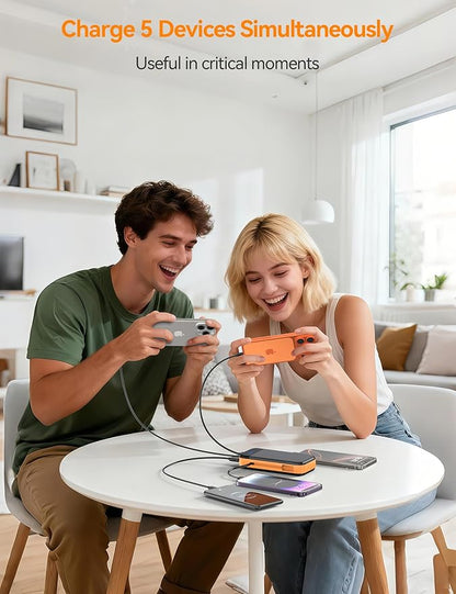 Portable Charger Power Bank Built-in Cables, 32000mAh 22.5W USB C Fast Charging, 5 Outputs 3 Inputs Travel Essentials Battery Pack Compatible with iPhone, iPad, Samsung, Google Pixel, Orange