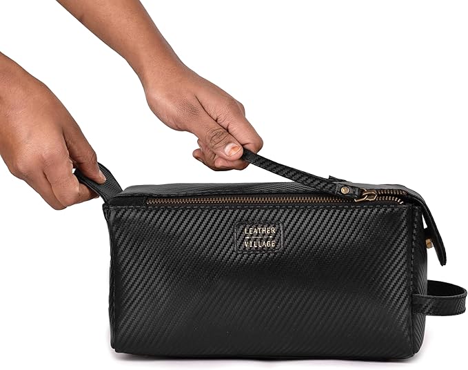 LEATHER VILLAGE Premium Carbon Fiber Genuine Leather Travel Toiletry Bag - Large Dopp Kit, Water-Resistance Bathroom & Shaving Organizer for Men & Women - Black