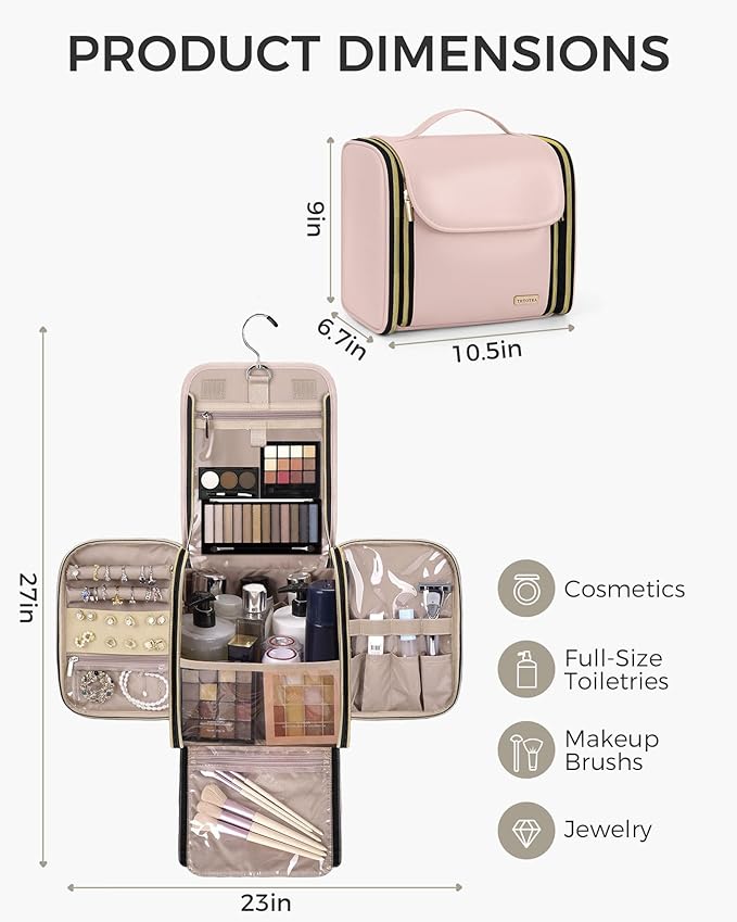 Hanging Toiletry Bag, PU Leather Makeup Bag Large Capacity with Jewelry Organizer for Brushes Set, Cosmetic Accessories, Pink