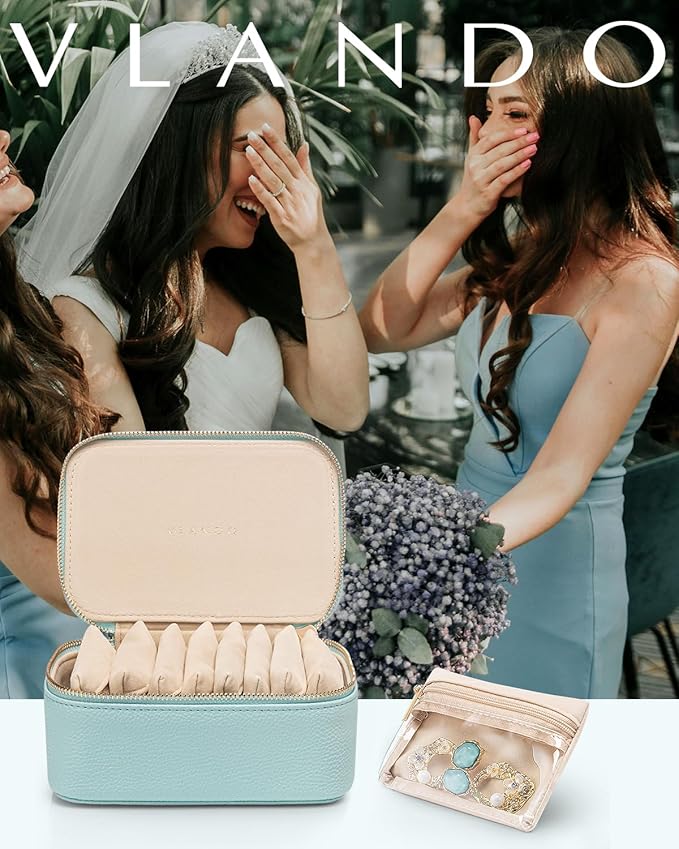 Vlando Jewelry Travel Organizer with 8 Velvet Jewelry Bags Travel Jewelry Storage Box Jewelry Case for Necklace Rings Earrings Trendy Christmas Birthday Graduate Gifts for Women-Lake Blue