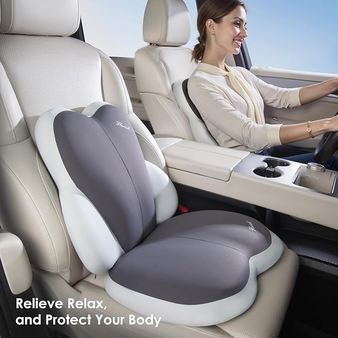 FLORICH Car Seat Cushion and Back Support for Car Ultrathick Memory Foam Office Chair Cushions with Lumbar Support Pillow for Sciatica & Back & Tailbone Pain Relief (Beige Grey)