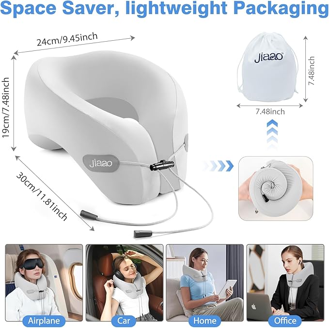 jiaao Travel Neck Pillow - Pain Relief & Comfortable Sleep on Cars, Trains & Planes - Memory Foam Advanced Neck Support for Long Flights, Eye Mask, Earplugs & Storage Bag