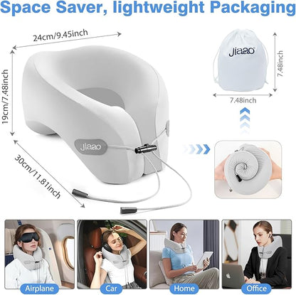 jiaao Travel Neck Pillow - Pain Relief & Comfortable Sleep on Cars, Trains & Planes - Memory Foam Advanced Neck Support for Long Flights, Eye Mask, Earplugs & Storage Bag