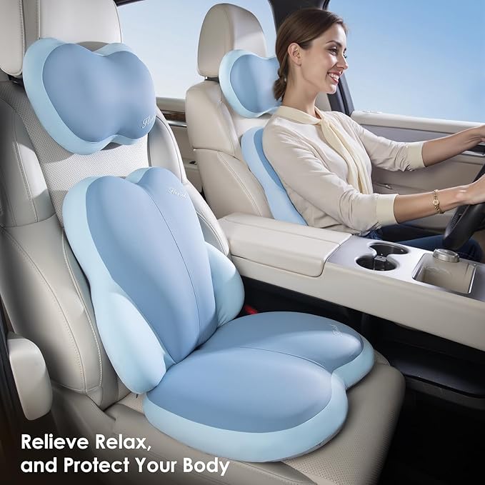 FLORICH 3 PCS Seat Cushion for Carseat Lumbar Support Pillow Car Neck Headrest Pillows Ultrathick Memory Foam Seat Pads Pressure Relief Back Cushion for Office Chair(Blue)