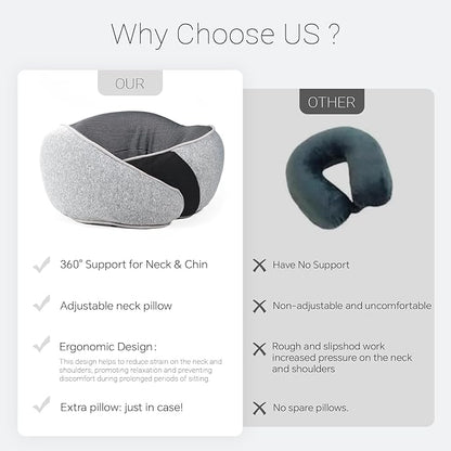 Cozi Neck Pillow for Traveling,Adjustable Travel Neck Pillow Airplane 100% Pure Memory Foam Travel Pillow with Inflatable Travel Pillows for Sleeping Long Flight Portable Plane Accessories Light Gray