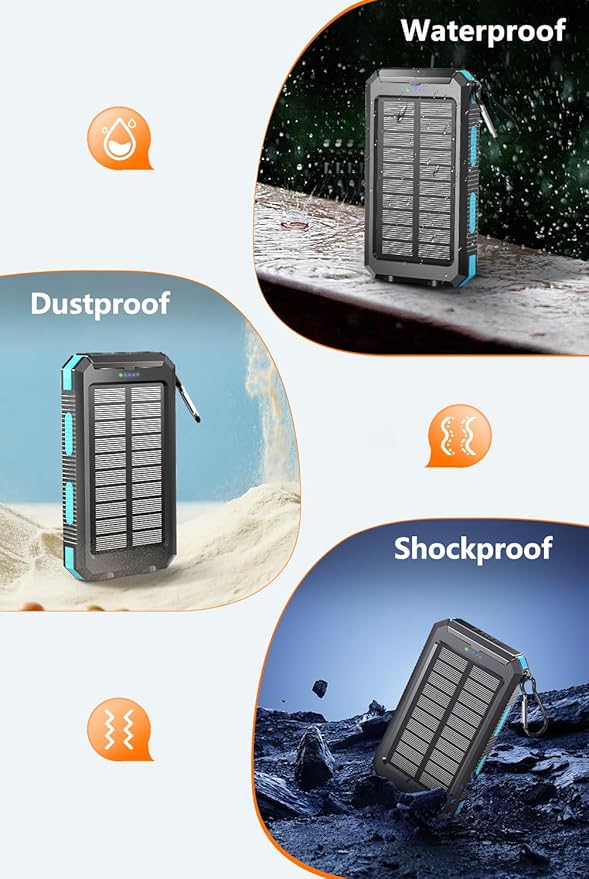 Power Bank 38800mAh Solar Portable Charger with USB-C 5V/2.4A Fast Charging Compatible with iPhone, with 2 LED Flashlights and IPX5 Waterproof External Backup Battery Pack Perfect for Camping, Hiking