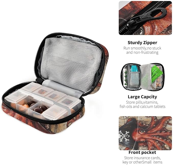 Octopus Pirate and Compass Travel Pill Organizer Case Box Container Weekly Portable Vitamin Medicine Holder Storage Bag with Zipper Removable