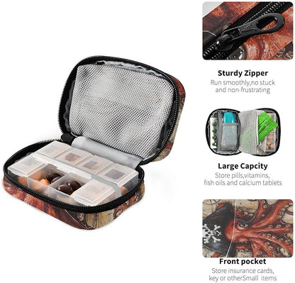 Octopus Pirate and Compass Travel Pill Organizer Case Box Container Weekly Portable Vitamin Medicine Holder Storage Bag with Zipper Removable