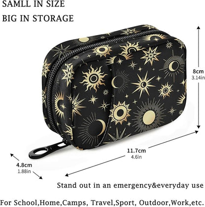 Fustylead Gold Sun Moon and Stars Travel Pill Organizer Case Zipper for Purse with Removable Weekly Pill Box for Medicine, Vitamin, Supplement Medicine Organizer