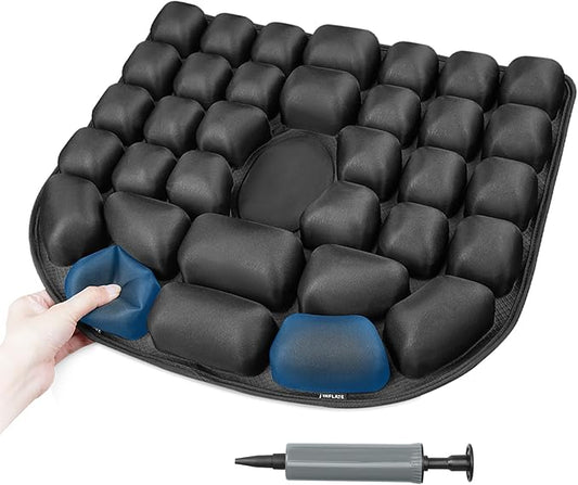 Travel Seat Cushion for Airplane - INFLATE/Deflate Built in Pump Inflatable Seat Cushion for Office Chairs, Wheelchairs, Car Seats & Outdoor Cushions 17.7x15.7 inches (Black)