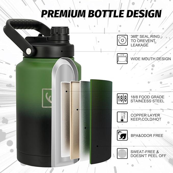 NATURE PIONEOR One Gallon Water Bottle Insulated - Large Double Vacuum Stainless Steel 128 oz Water Bottle with Holder/Carrier, 1 Gallon Water Jug 2 in 1 LID, Flip Straw and Spout, Wide Mouth