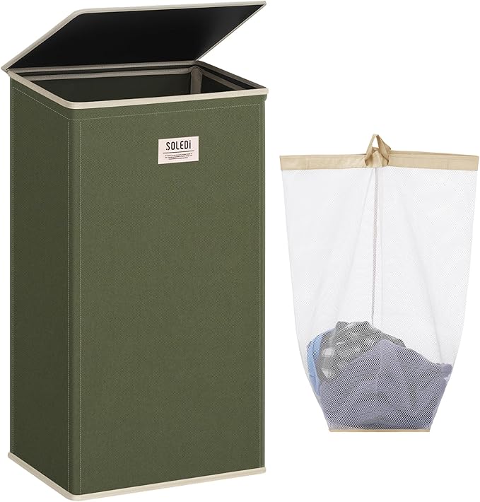 SOLEDI Laundry Hamper with Lid 100L Large & Tall Collapsible Laundry Basket, Clothes Hamper with Bag Removable Easy to Carry, Dirty Hampers for Bedroom, Bathroom, Dorm, College, Avocado
