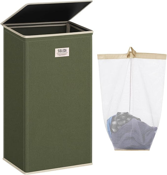 SOLEDI Laundry Hamper with Lid 100L Large & Tall Collapsible Laundry Basket, Clothes Hamper with Bag Removable Easy to Carry, Dirty Hampers for Bedroom, Bathroom, Dorm, College, Avocado