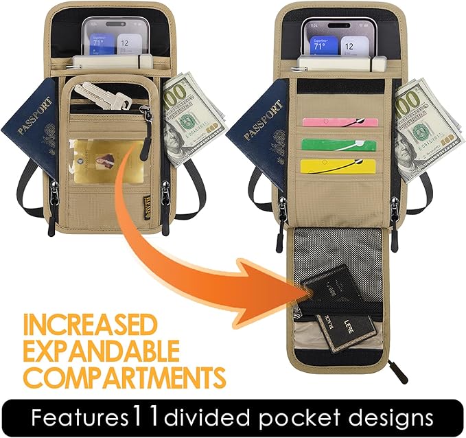 Travel Neck Wallet RFID Blocking – Hidden Passport Holder & Anti-Theft Money Pouch for Men & Women, Lightweight Concealed Undergarment Organizer with Adjustable Strap, Secure Document Holder
