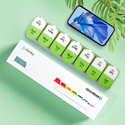 Daviky Large Weekly Pill Organizer 2 Times a Day, Extra Large Travel Pill Box 7 Day, Am Pm Twice Daily Pill Case, Pill Holder Container for Vitamin, Medicine, Supplement, Fish Oil, BPA Free, Green